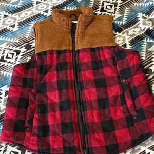 Maurices Red & Black Buffalo Plaid Vest with Brown Sherpa Yoke